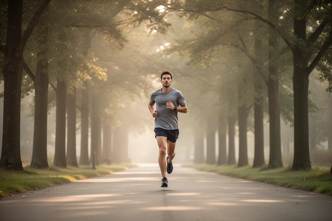 Coureur nouant les lacets d'une chaussure cushionée pour l'entraînement quotidien au bord d'une route calme