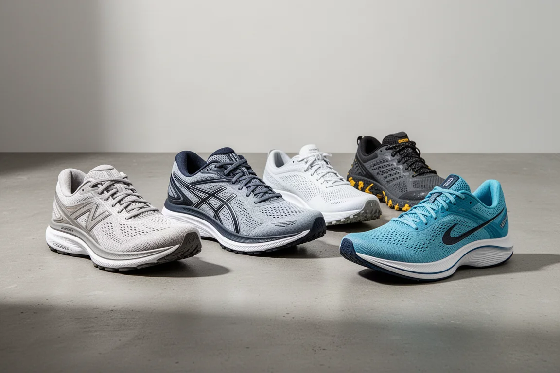 Five different running shoes arranged on a matte concrete surface