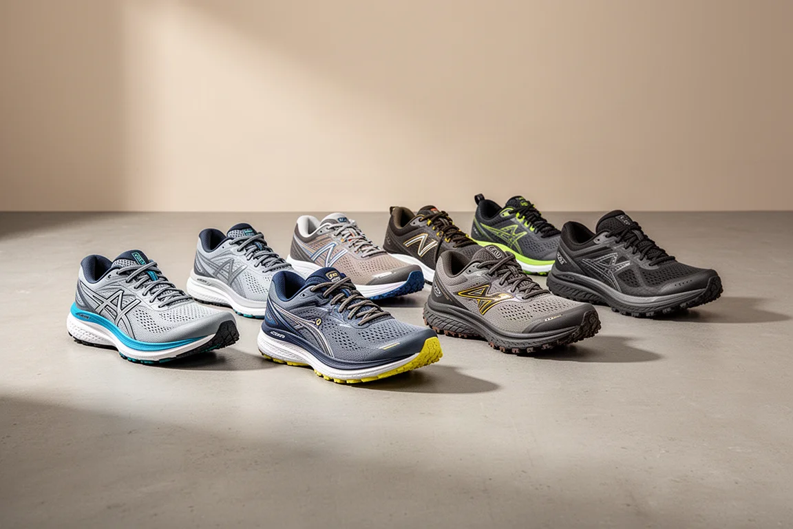 Eight running shoes arranged in a row on a concrete studio floor
