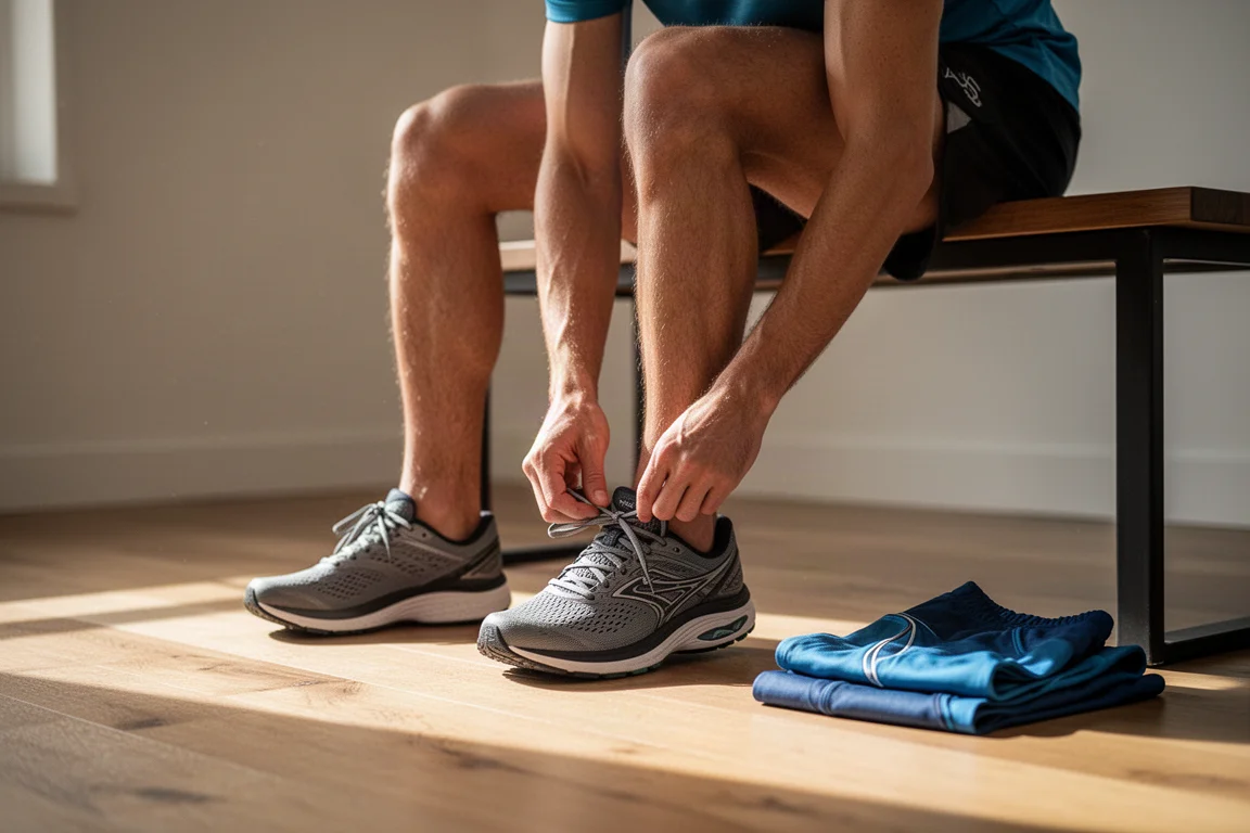 Runner lacing up cushioned running shoes on a wooden floor before a morning run