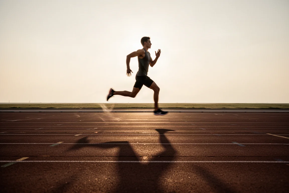 Runner doing speed repeats on a track in soft evening light
