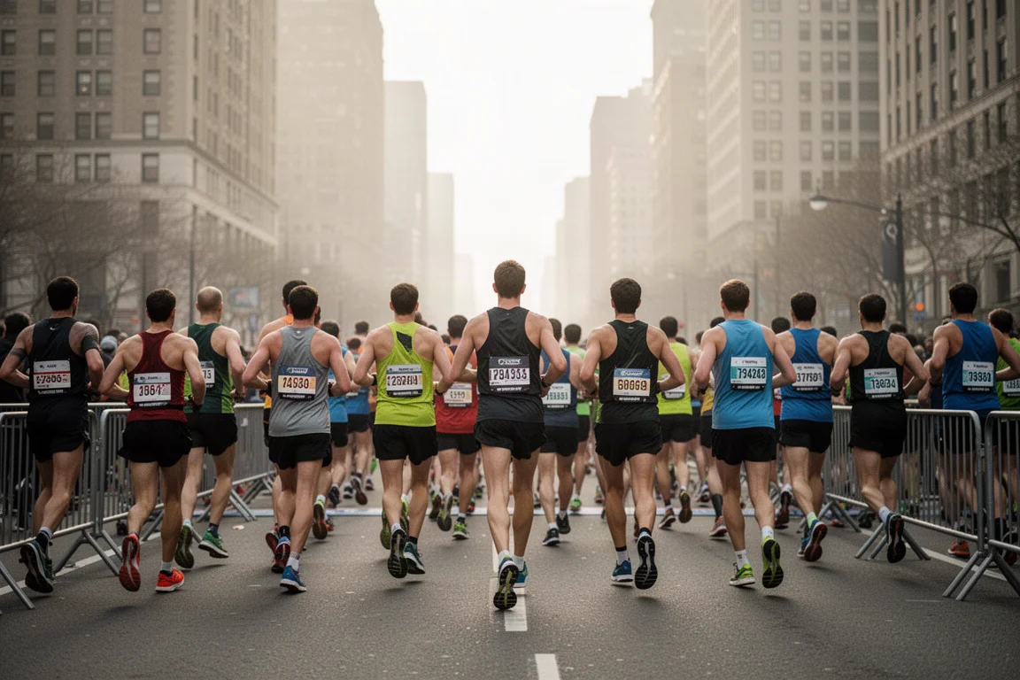 Marathon runners lining up at a start line in early morning light