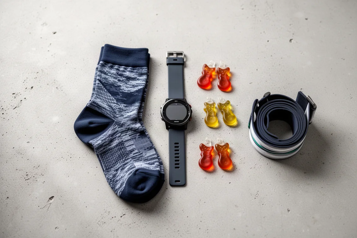 Flat-lay of running accessories and socks on a neutral surface