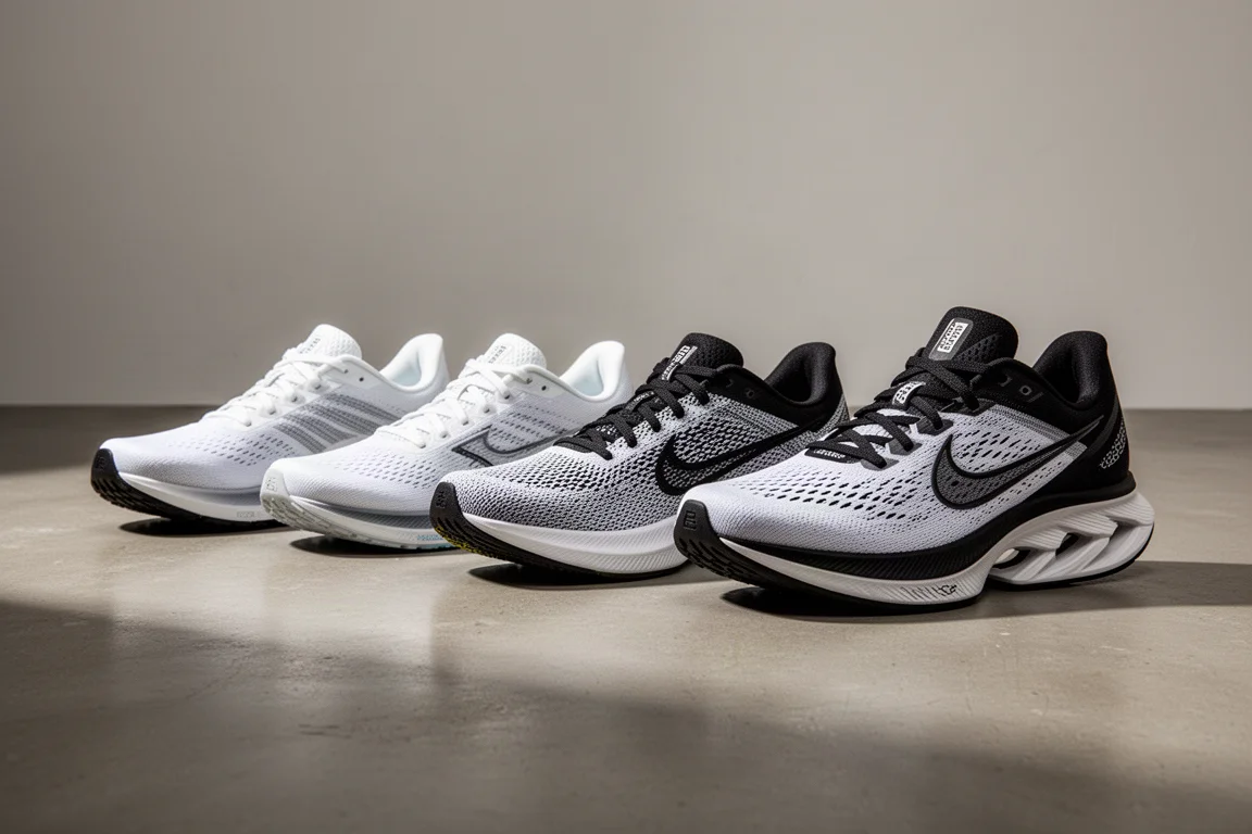 Lineup of running shoes representing daily trainer, tempo, and race day categories