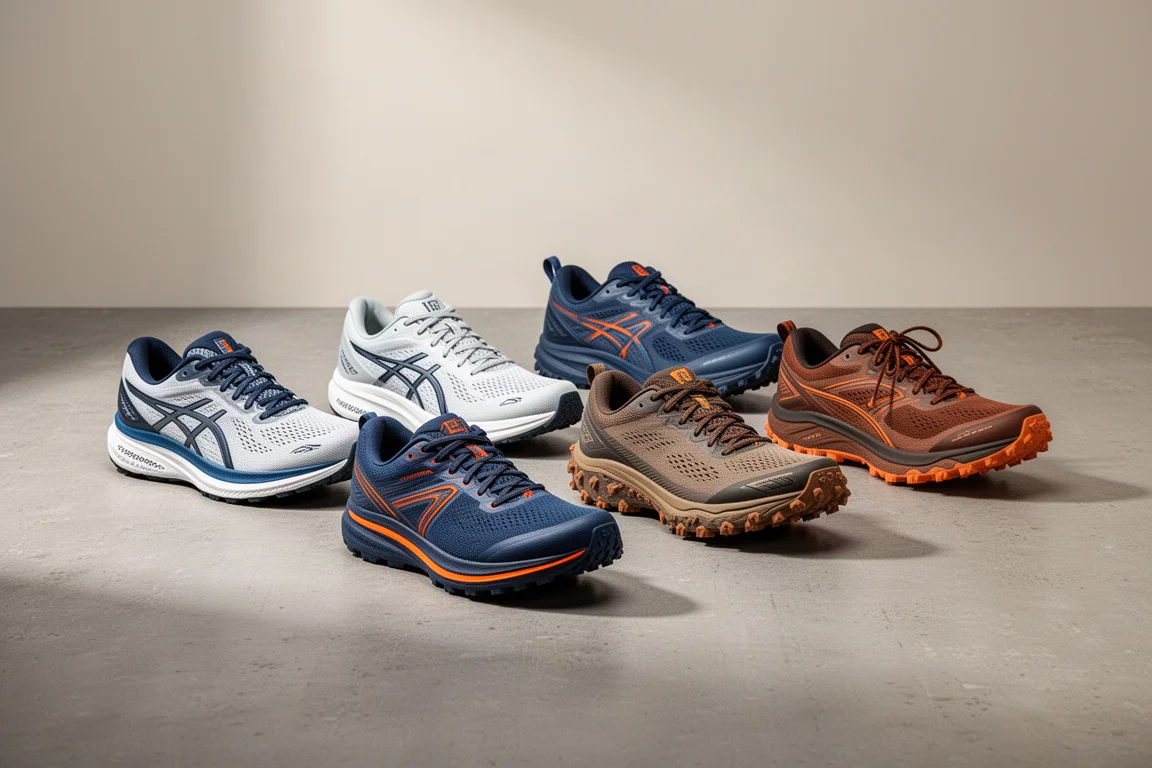 Lineup of road and trail running shoes arranged on a concrete studio surface
