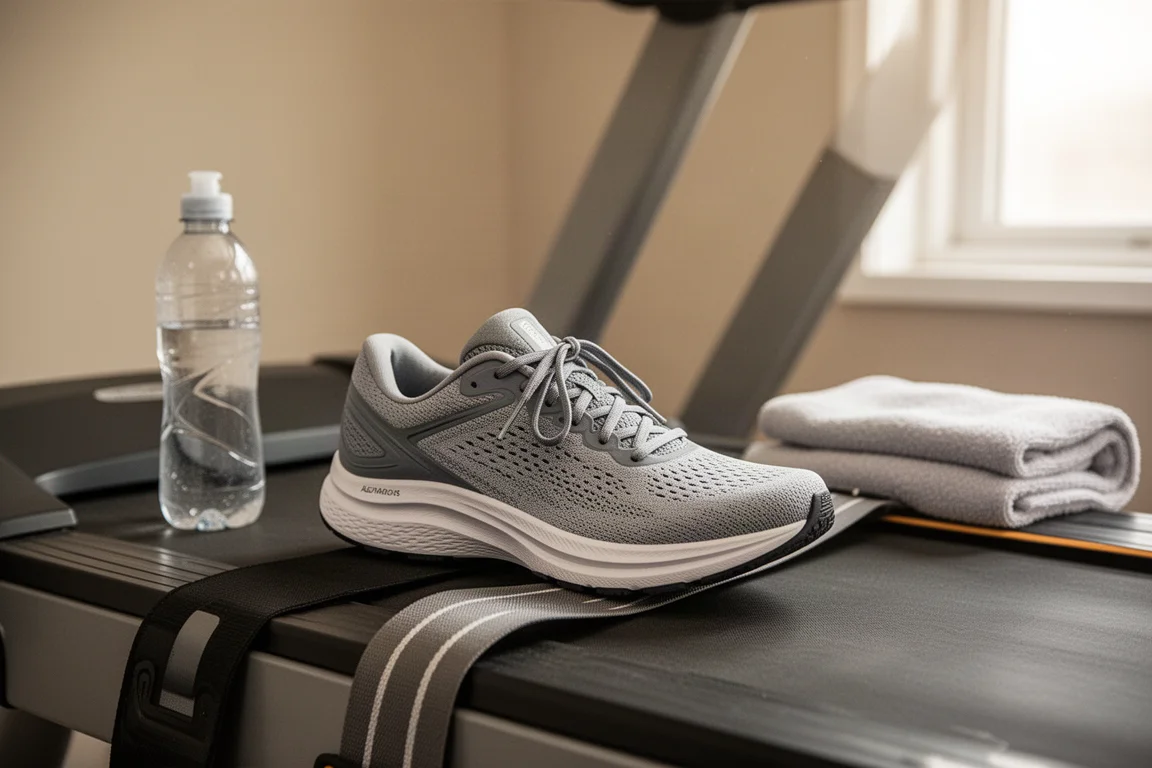 Primer plano de la mediasuela de una zapatilla ligera flexionándose en una pista de atletismo
