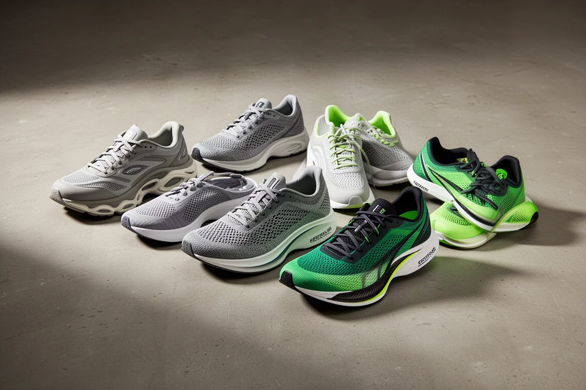 Cinque scarpe da running diverse disposte in fila su una superficie di cemento