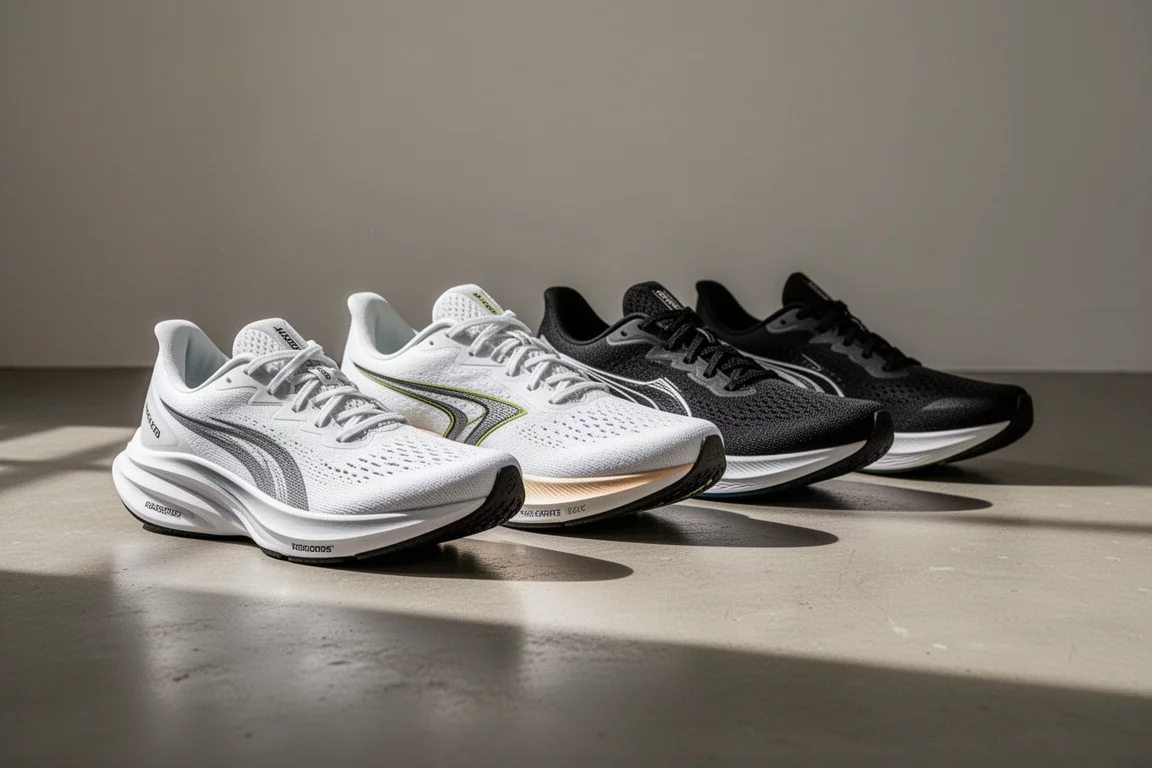 Fila de zapatillas de running modernas alineadas sobre un suelo de hormigón en un estudio