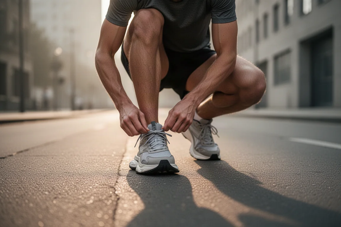 Corredor atándose las zapatillas de entrenamiento en una acera urbana al amanecer