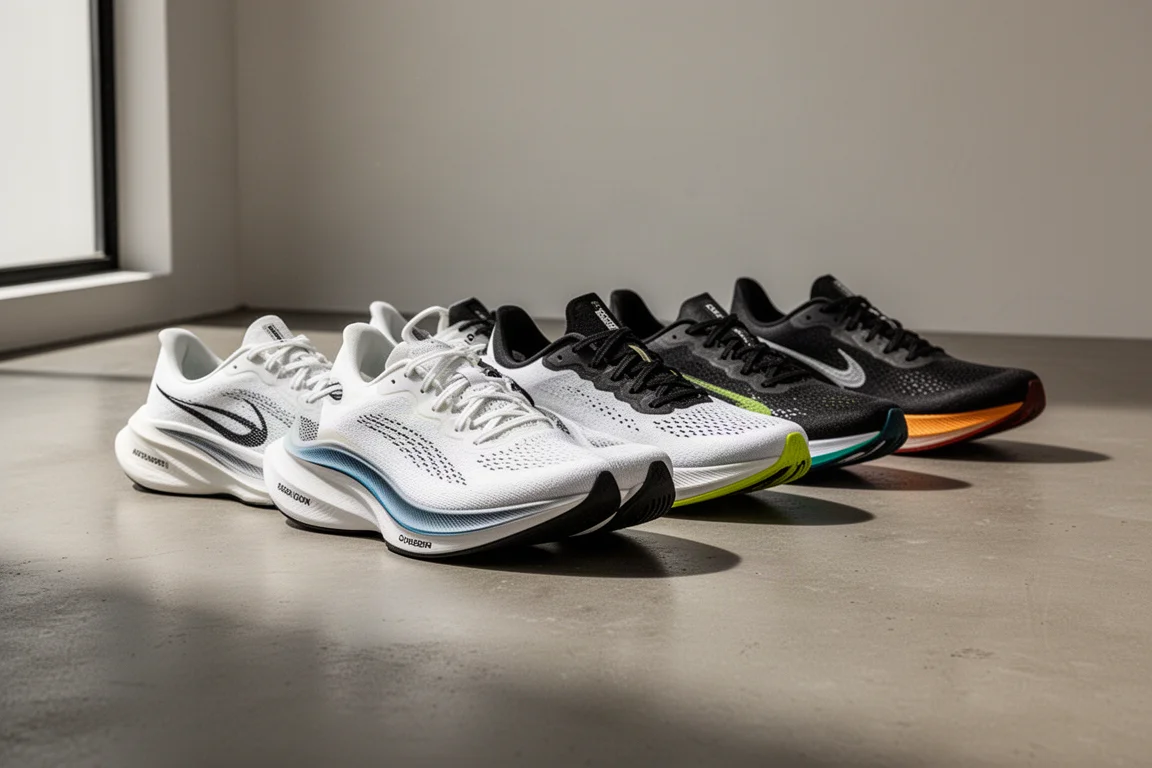 Row of six modern running shoes on a concrete studio floor