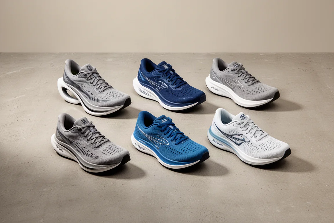 Six discounted running shoes arranged in two rows on a concrete studio surface
