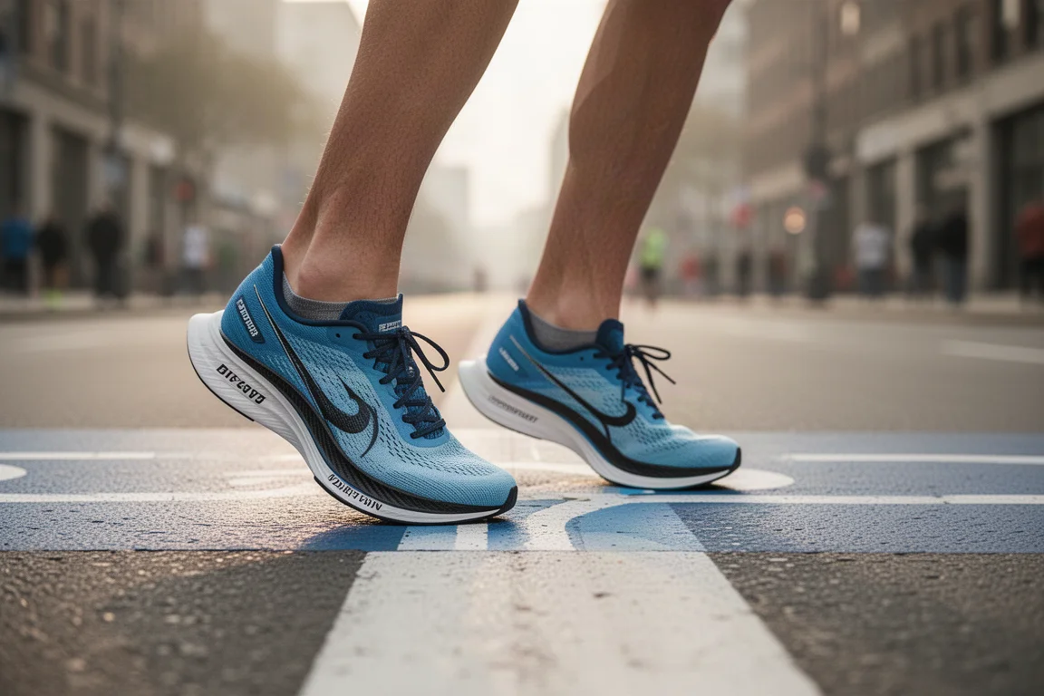 Füße eines Läufers in kohlenstoffbeschichteten Wettkampfschuhen an einer Marathon-Startlinie