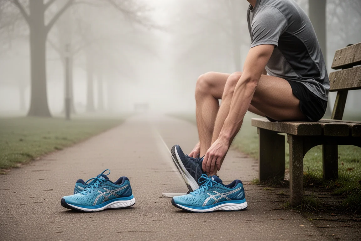 Läufer, der sich nach einem langen Lauf neben einer Bank dehnt