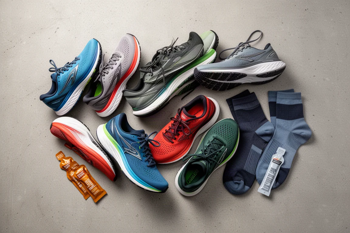 Flache Anordnung von Laufschuhen, Socken und Energie-Gels auf Beton