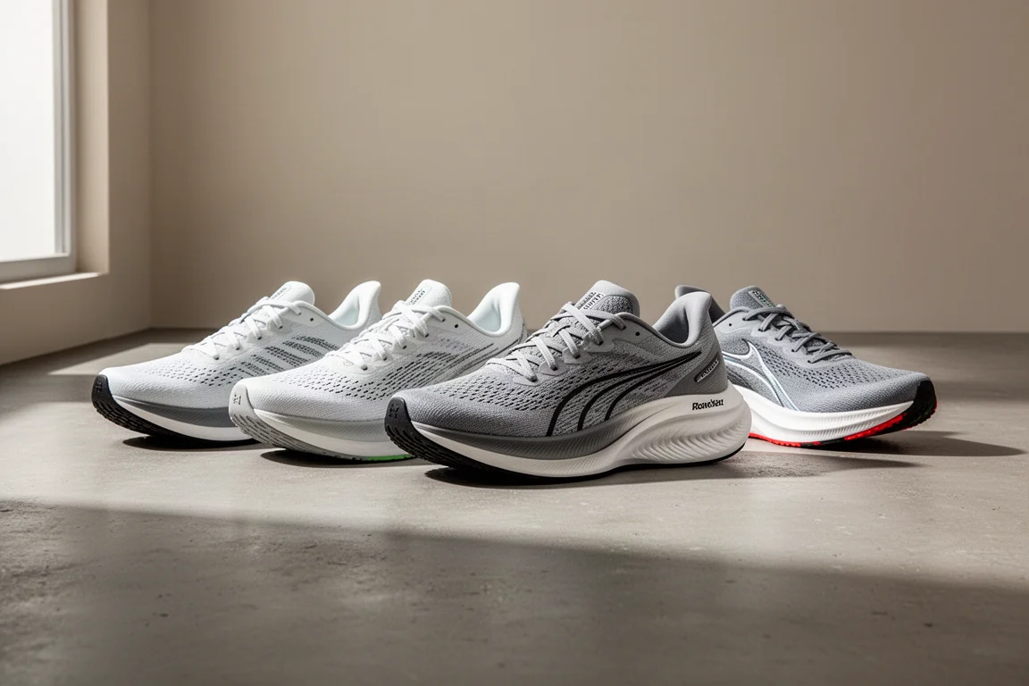 A row of varied running shoes from daily trainers to race shoes on a concrete floor