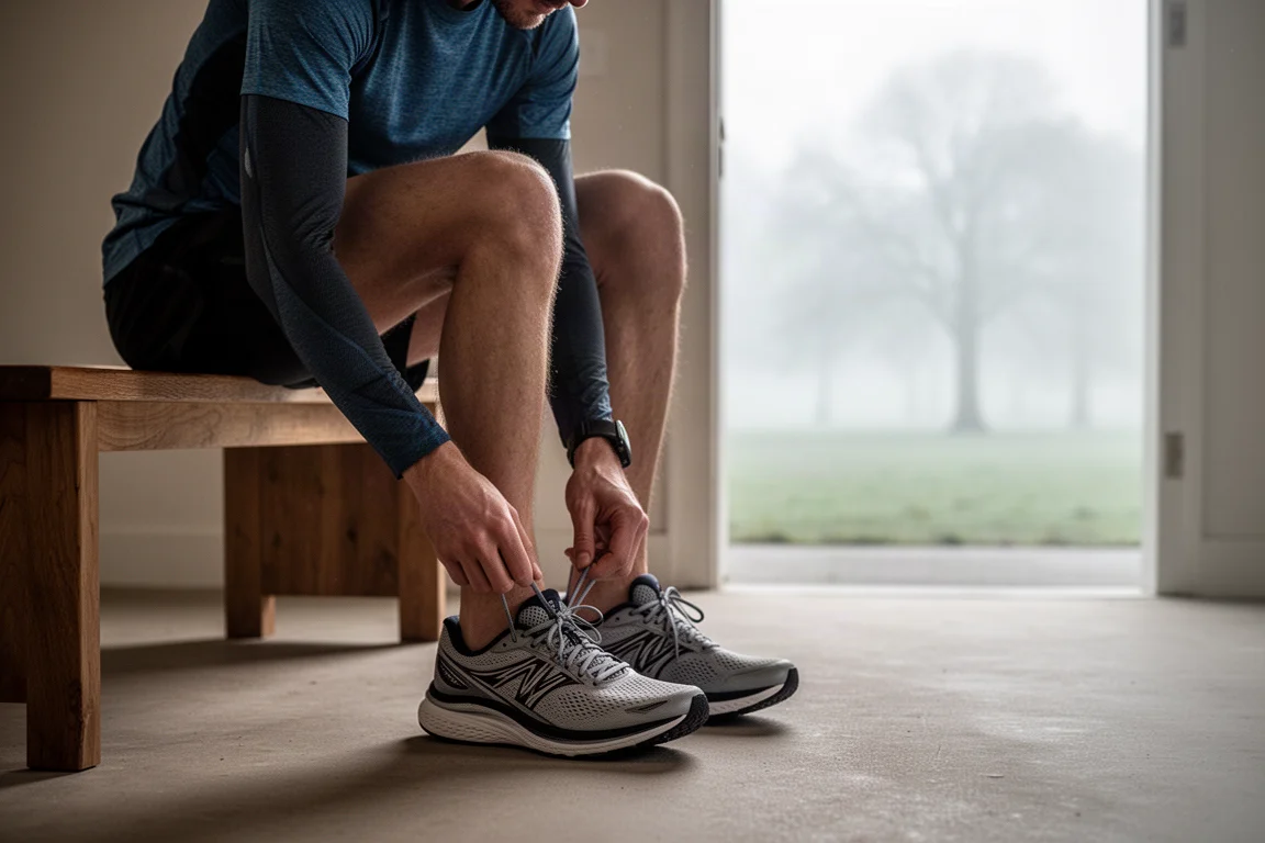 A runner lacing up running shoes before heading out on an easy morning run