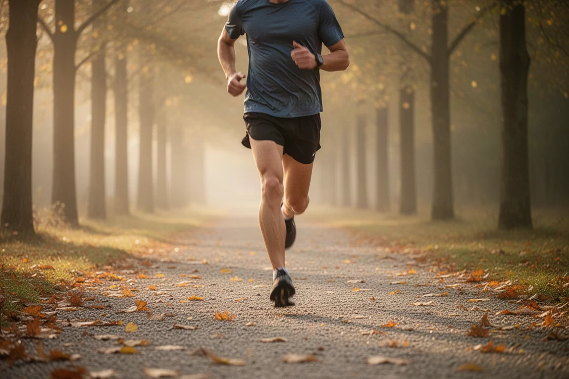 Runner jogging at an easy pace along a tree-lined gravel path