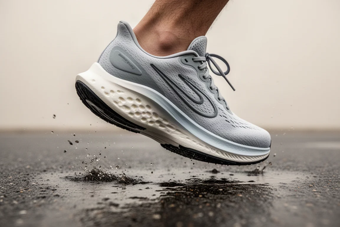 Close-up of a responsive running shoe midsole flexing during a stride