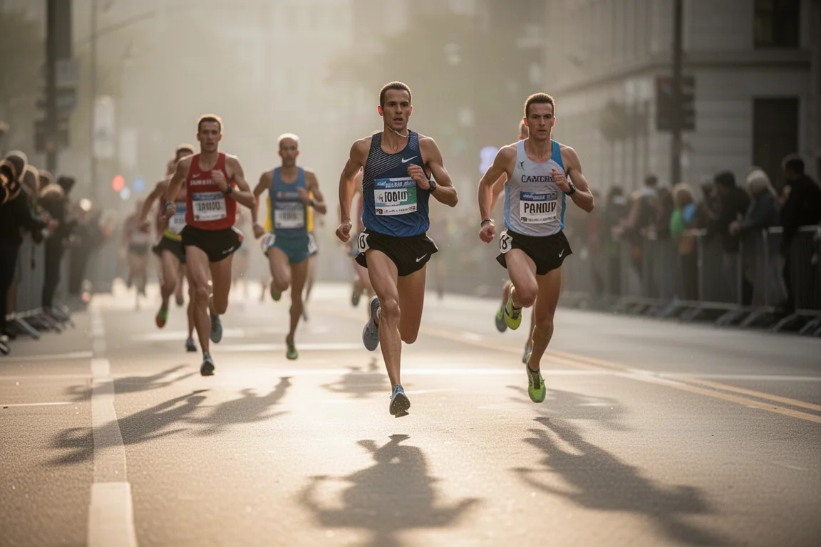 Racers running at speed through a city street during a road race