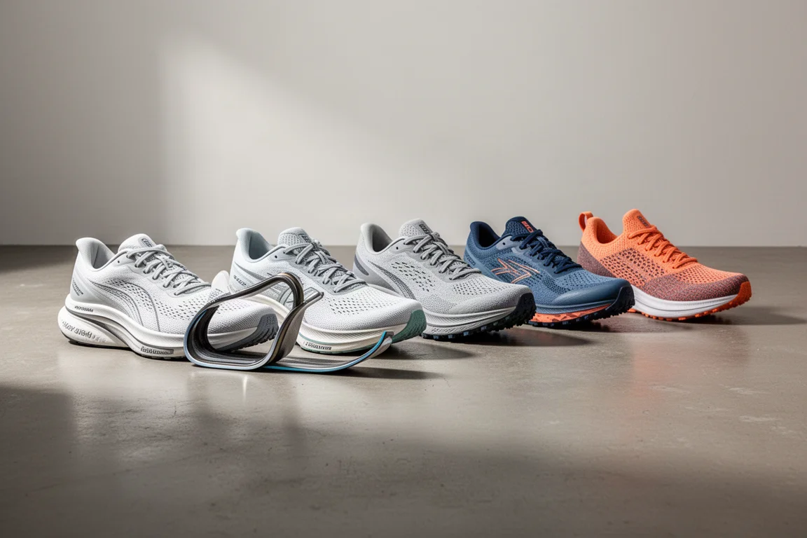 A lineup of six different running shoes representing a full shoe rotation