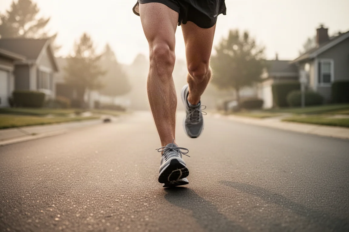 Läufer schnürt am frühen Morgen auf stillen Straßen die Schnürsenkel eines gedämpften Daily Trainers