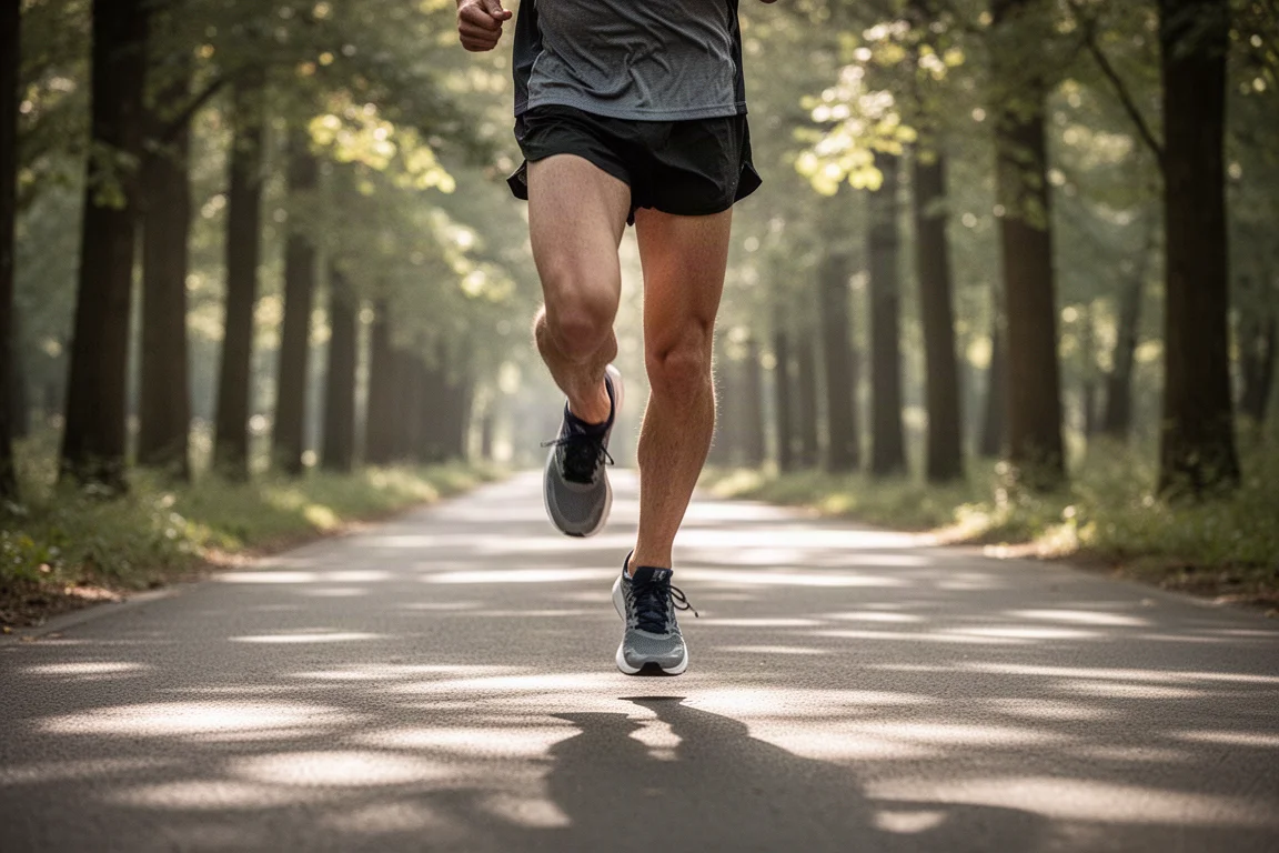 Läufer trainiert auf einem Flussweg während der Marathon-Vorbereitung