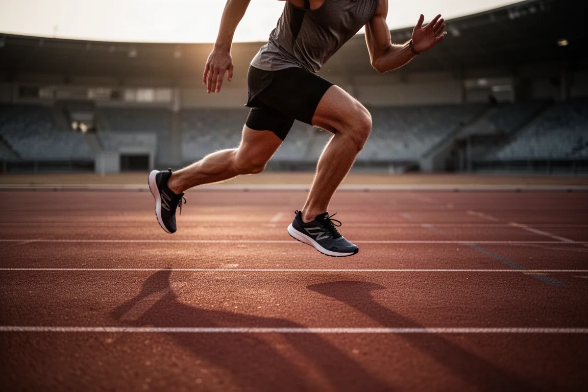 Läufer absolviert schnelle Intervallwiederholungen auf einer Leichtathletikbahn