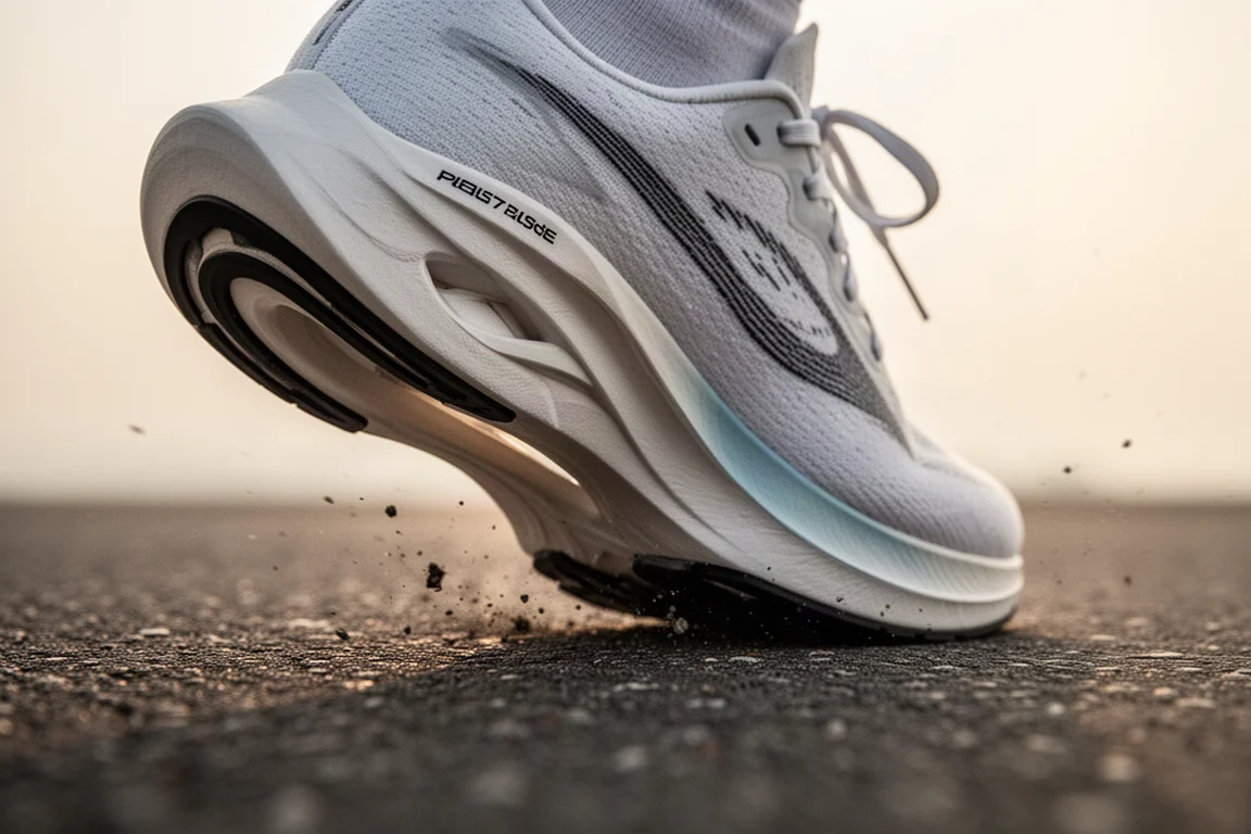 Close-up of a plated running shoe midsole flexing on tarmac