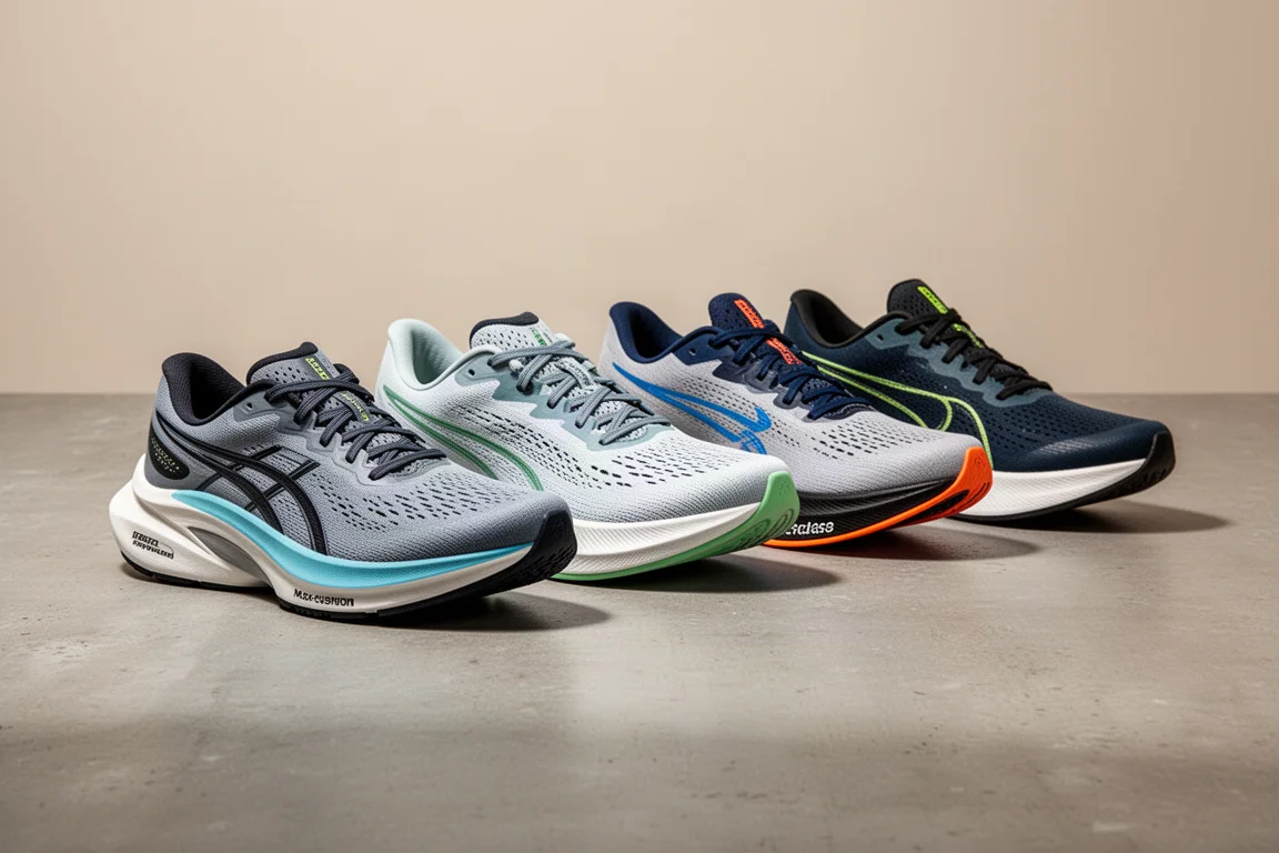 A row of five modern running shoes with varied cushioning on a concrete surface