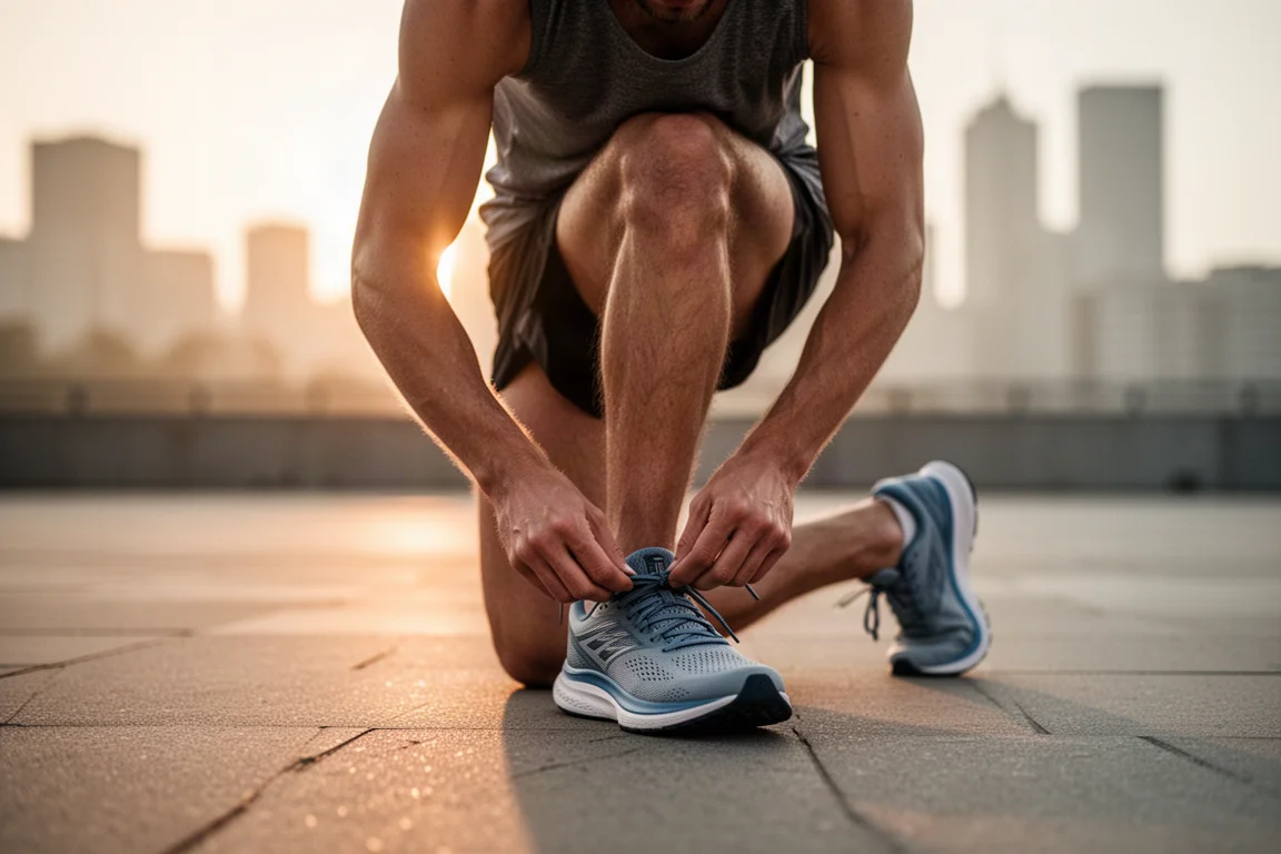 Runner tying the laces of a running shoe on a city street at sunrise