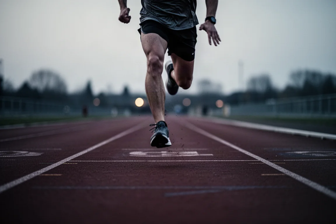 Runner doing speed repeats on a running track in soft evening light