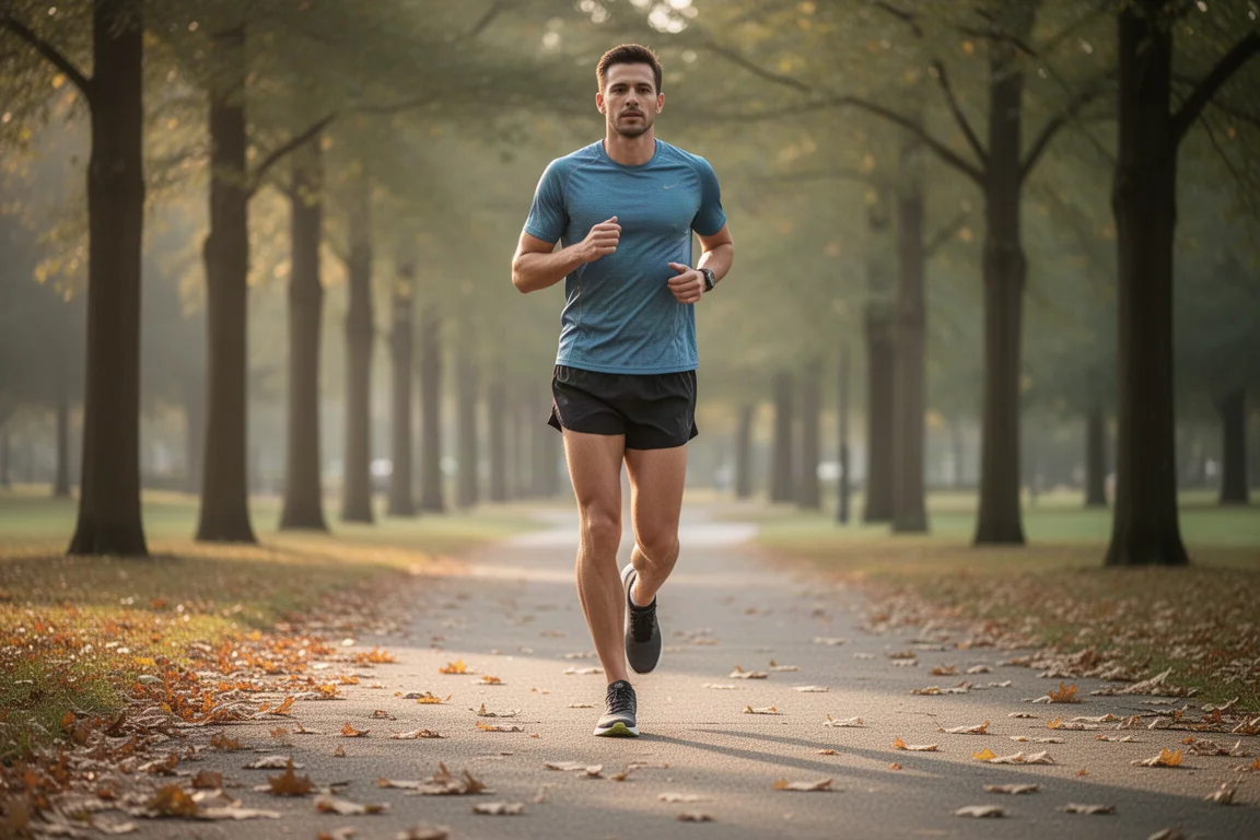 Runner cooling down after a run on a quiet tree-lined path