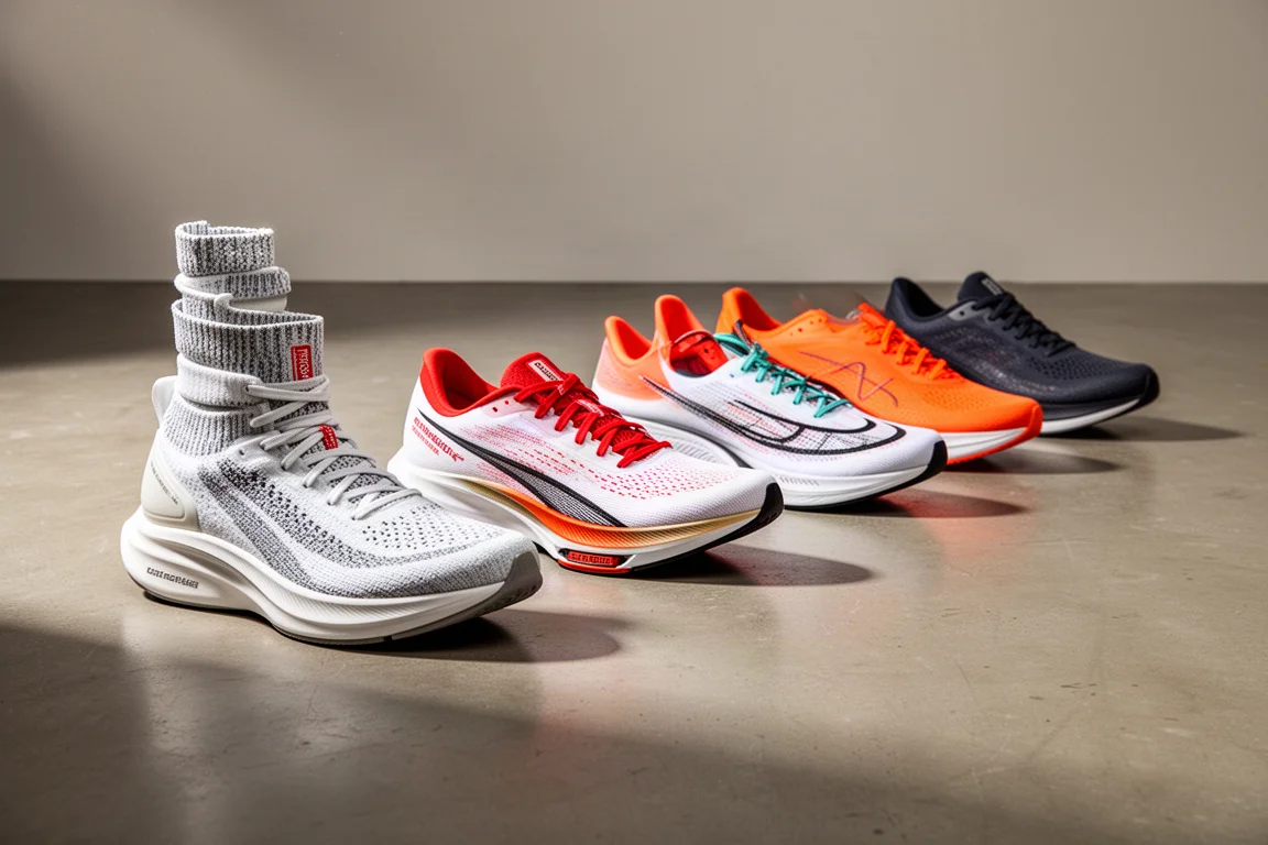 Seven running shoes of varied styles lined up on a matte concrete studio floor