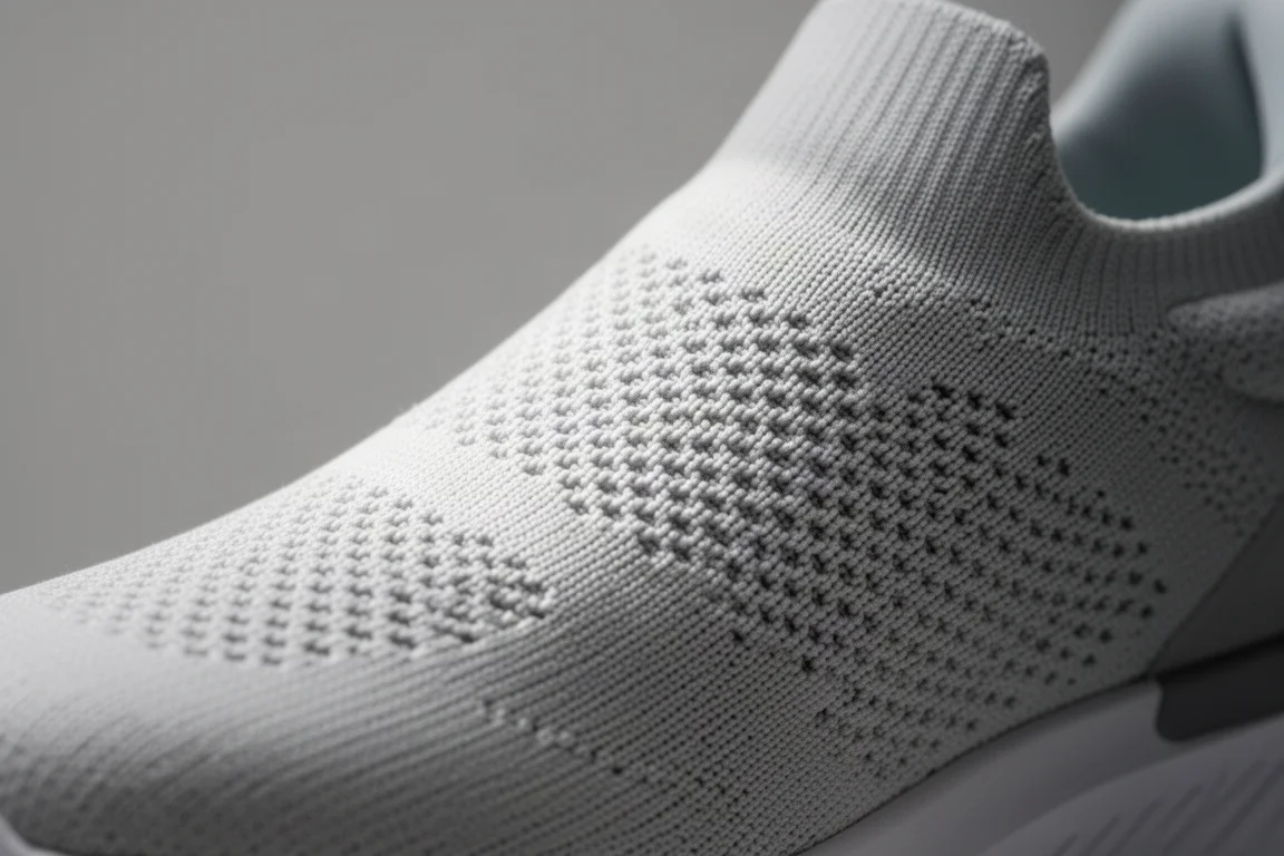Nahaufnahme eines gestrickten Laufschuh-Obermaterials, das seine Dehnbarkeit und Textur zeigt