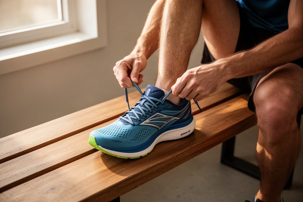 Läufer schnürt einen Schuh mit elastischem Schnürsystem auf einem Holzboden