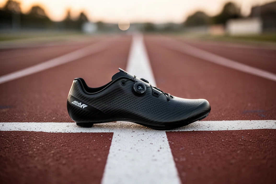 Rennschuh mit Carbonplatte auf einer Laufbahn im Abendlicht