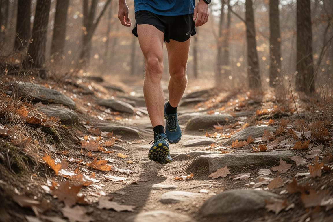 Trailrunner auf einem steinigen Singletrail durch trockenen Herbstwald