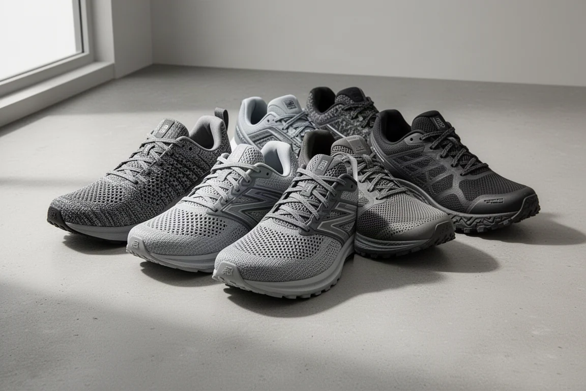 Row of seven running shoes showing different upper materials on a concrete surface