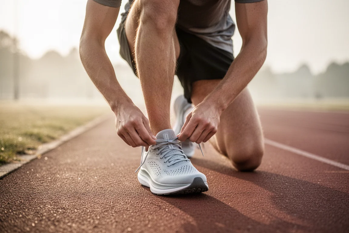 Corredor amarrando um tênis de corrida leve de performance antes de um treino de ritmo