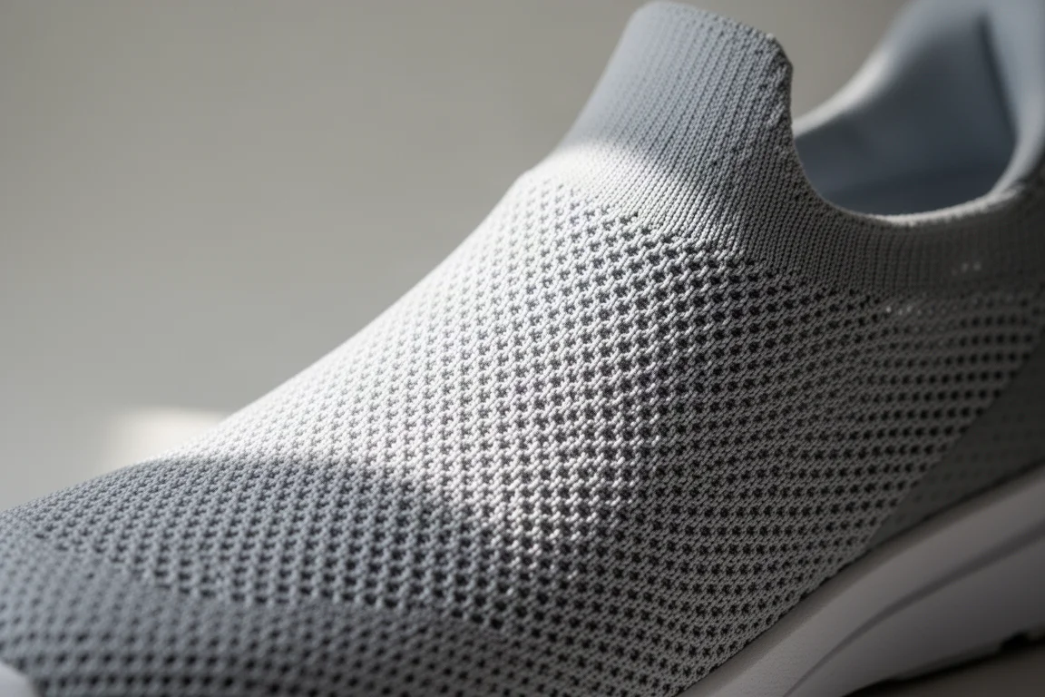 Visão detalhada do material flexível de mesh do cabedal de um tênis de prova