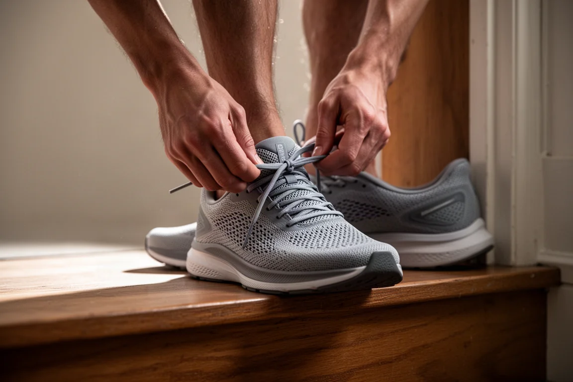 Primo piano di un corridore che allaccia una scarpa da running in mesh traspirante su una soglia