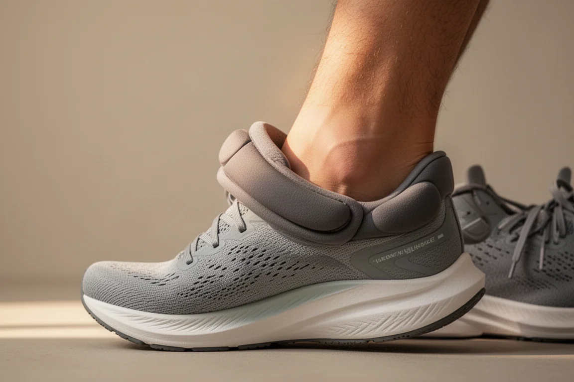Piede di un corridore che scivola in una scarpa dal volume ridotto con tallone ben avvolto