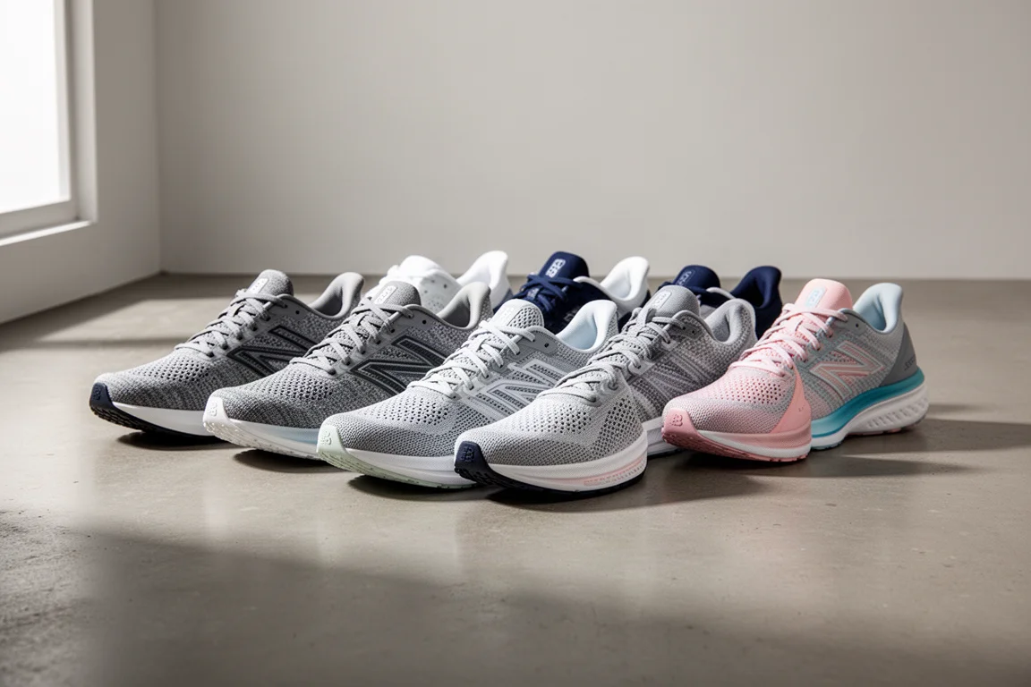 Nove scarpe da running allineate su un pavimento in cemento opaco in studio