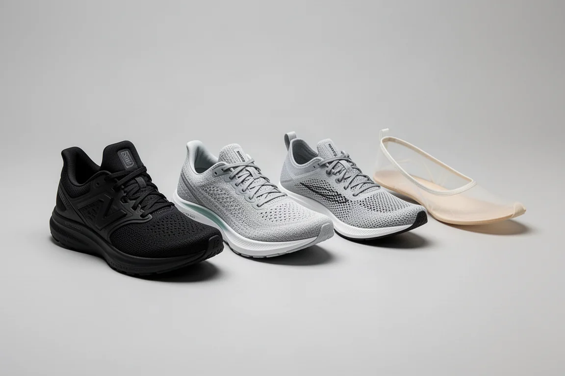 Four different running shoes arranged in a row on a neutral studio backdrop