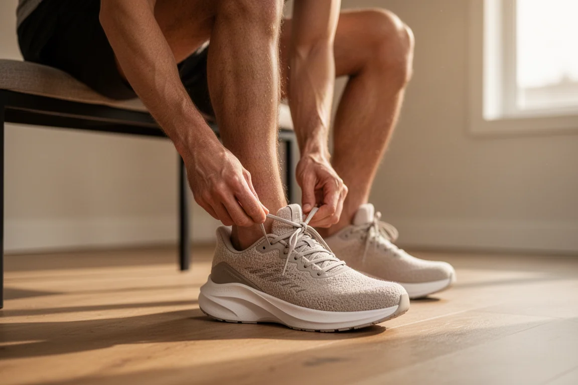 Un runner allaccia una scarpa da allenamento quotidiano con ammortizzazione morbida su un pavimento in legno a casa