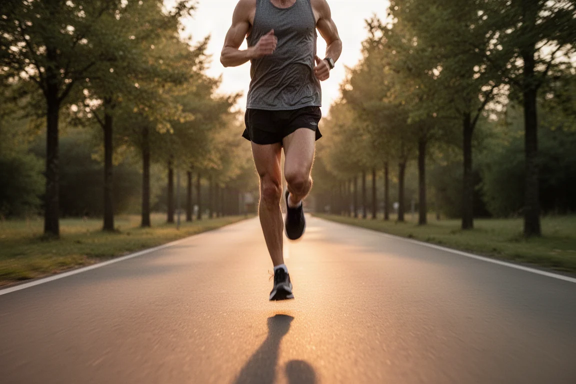 Un runner corre a ritmo sostenuto su un viale alberato durante l'ora dorata