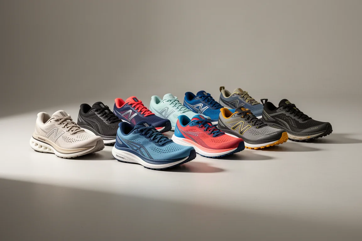 Fila di dieci scarpe da running moderne in colorazioni varie su un pavimento grigio da studio