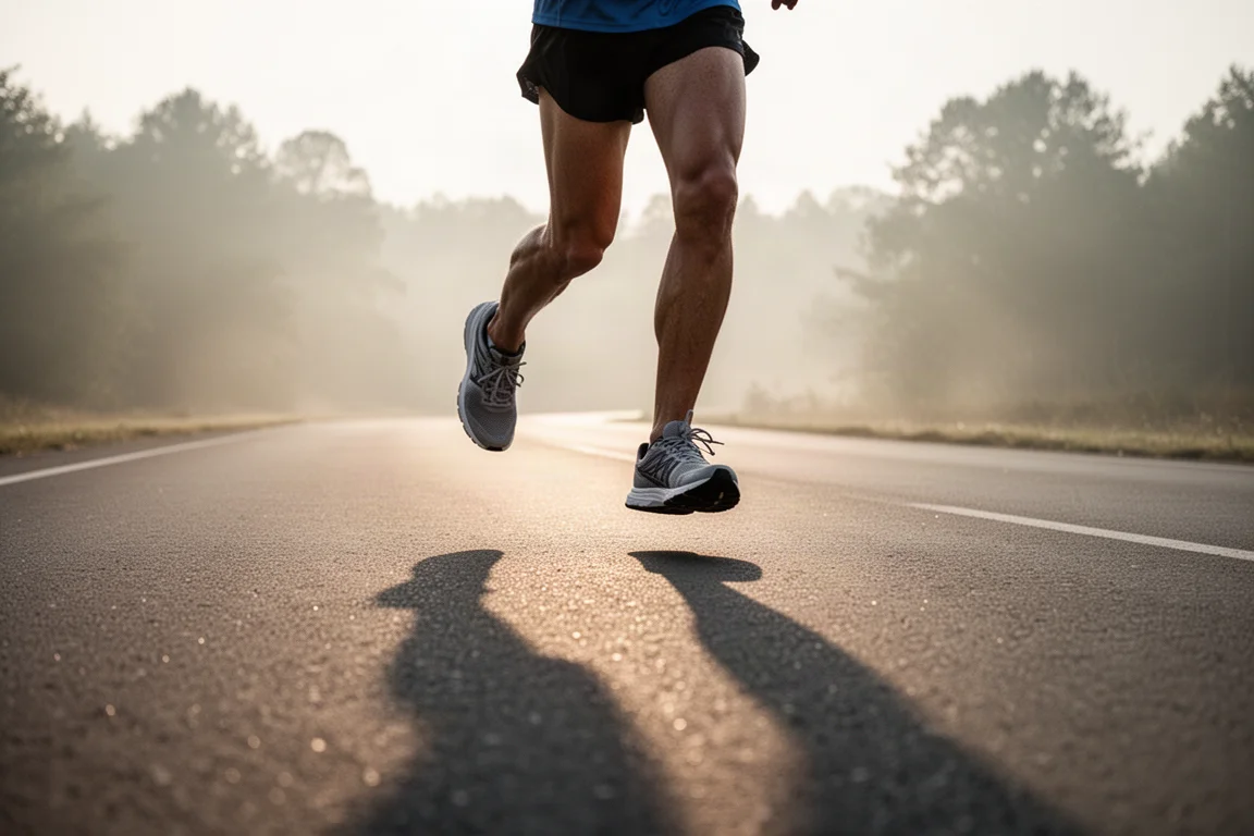 Corredor atándose las zapatillas de carrera ligeras antes de una competición en carretera al amanecer