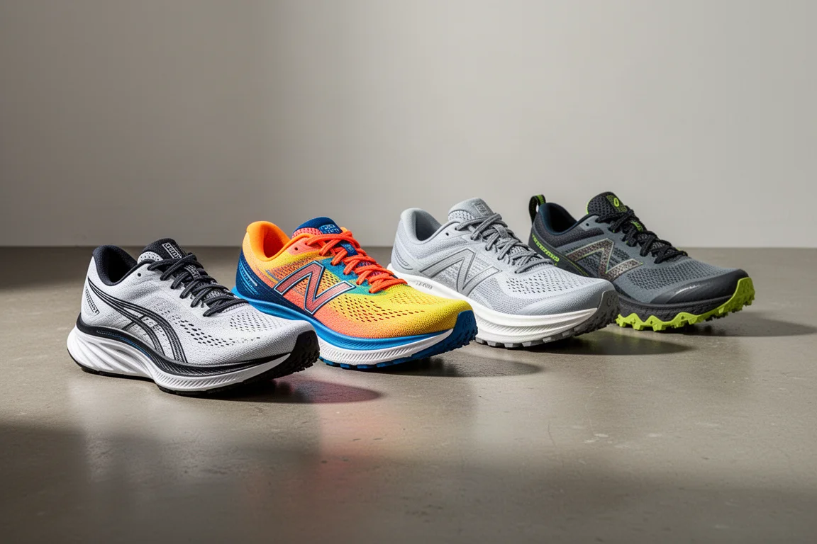 Row of modern road running shoes with foam midsoles on a concrete surface