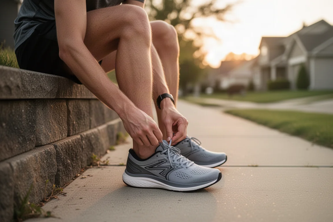 Un runner allaccia una daily trainer ammortizzata su un marciapiede silenzioso in periferia all'alba